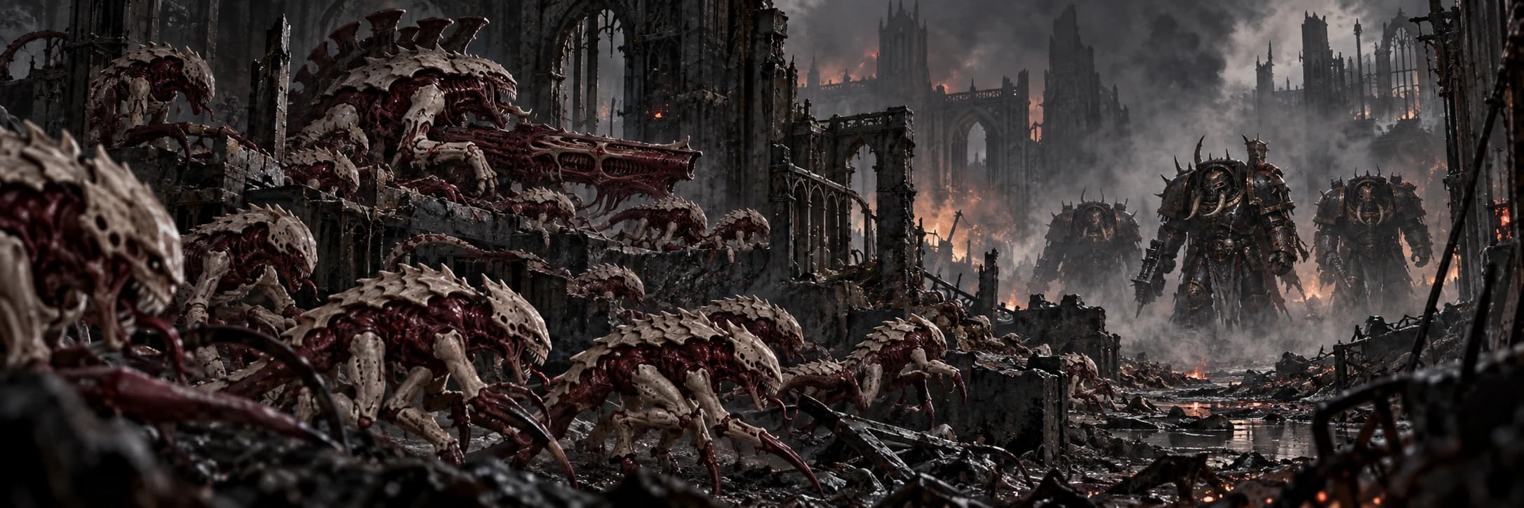 Original dark painted illustration of bone-and-burgundy Tyranid screening creatures and a protected gun-beast facing iron-armoured Chaos Terminators among gothic ruins