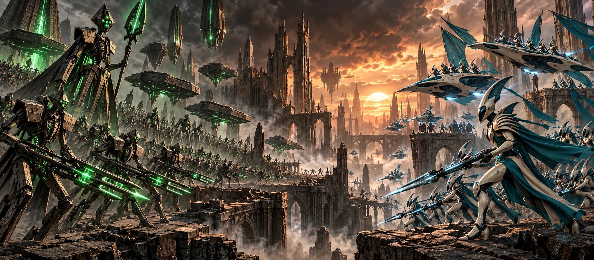 Original illustration of ancient emerald-lit machines facing ivory-and-teal alien knights across a shattered city