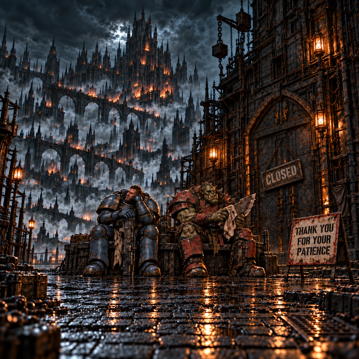 Private Build in Progress: a bored blue-armoured veteran rests on his weapon while an ork wipes his cleaver with a cloth, seated outside a gothic workshop with the original Closed and Thank you for your patience boards, above a rain-soaked cobblestone street.