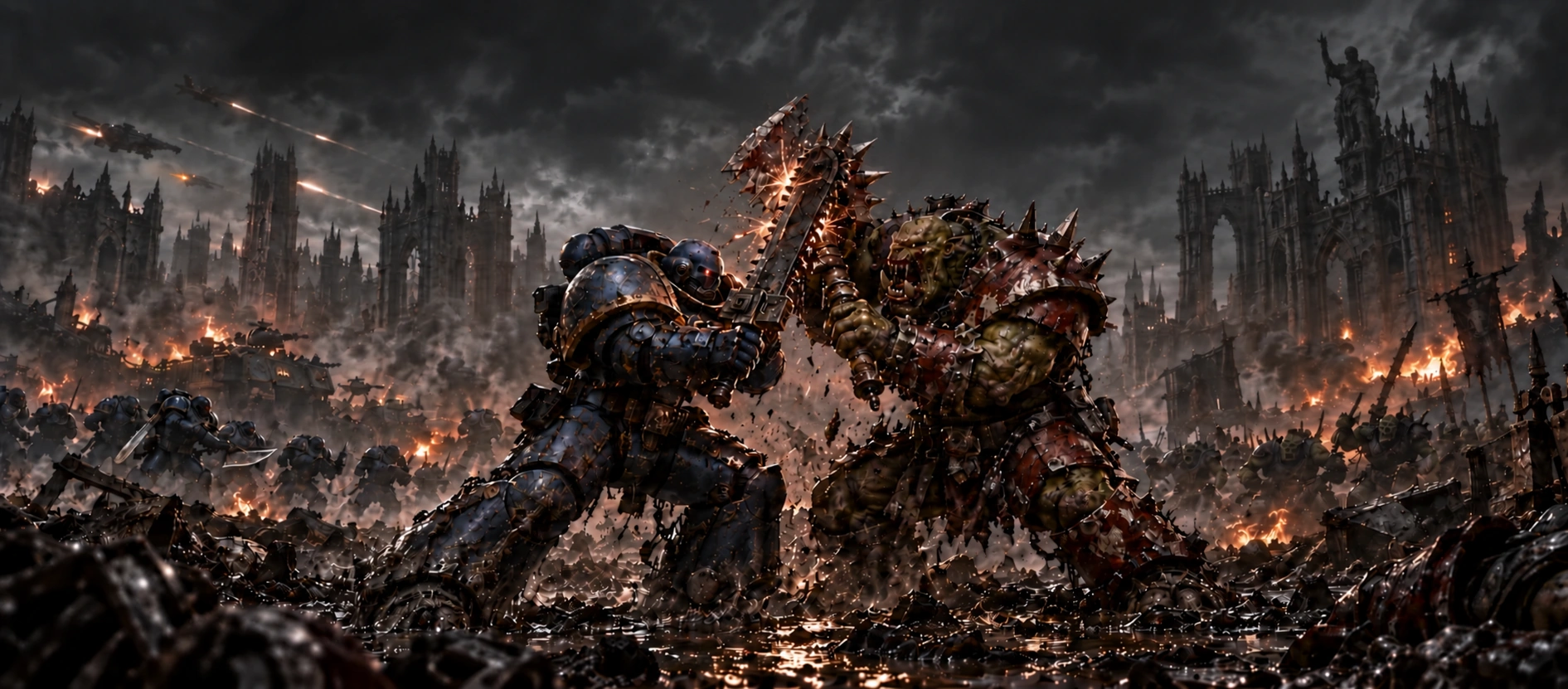 A blue-armoured marine and an ork lock chainsword and axe in close combat amid dark gothic ruins.